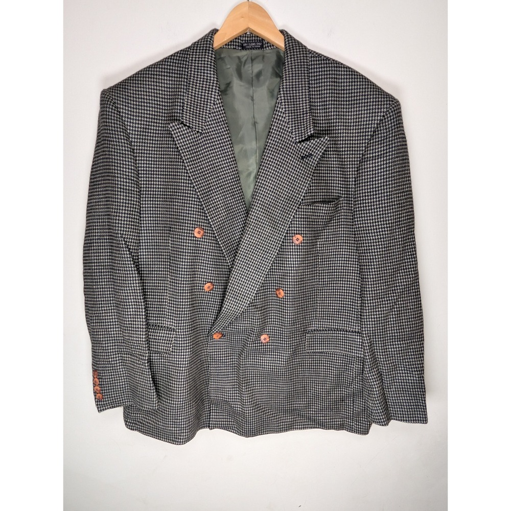 Tulliano Hand Tailored Mens 46R‎ Double Breasted Houndstooth Blazer Black Beige